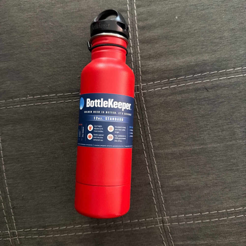 BottleKeeper Standard 12oz Insulated Beer Bottle Cooler Red Stainless Steel Lid